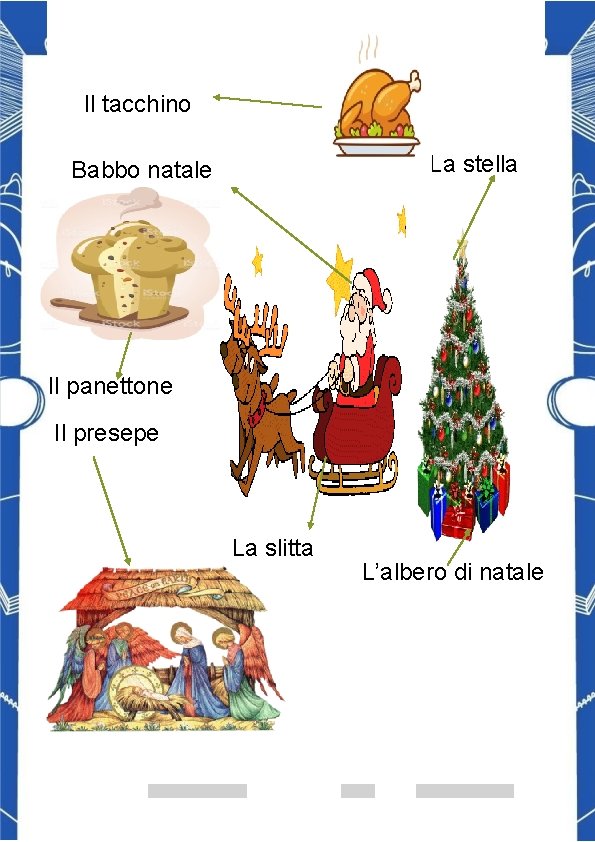 Il tacchino La stella Babbo natale Il panettone Il presepe La slitta L’albero di