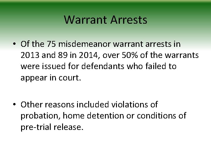 Warrant Arrests • Of the 75 misdemeanor warrant arrests in 2013 and 89 in