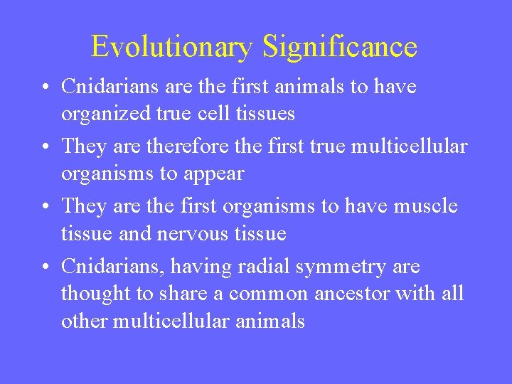 Evolutionary Significance • Cnidarians are the first animals to have organized true cell tissues