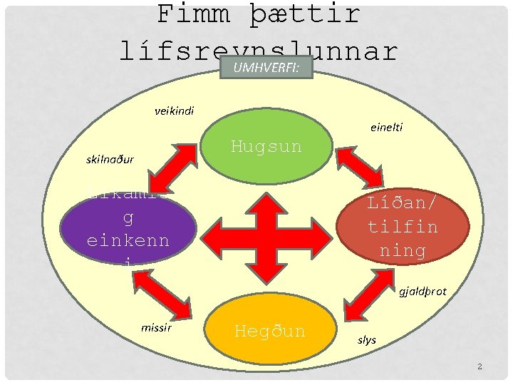 Fimm þættir lífsreynslunnar UMHVERFI: veikindi einelti Hugsun skilnaður Líkamle g einkenn i einelti Líðan/