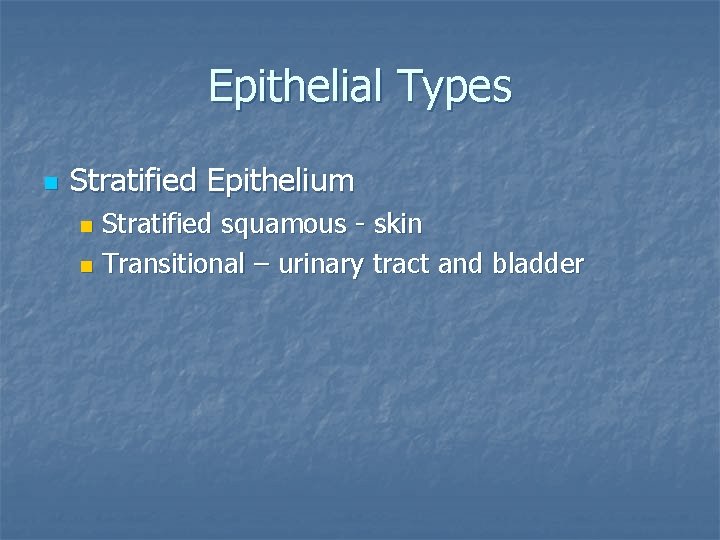 Epithelial Types n Stratified Epithelium Stratified squamous - skin n Transitional – urinary tract