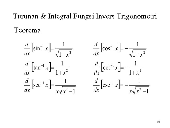 Turunan & Integral Fungsi Invers Trigonometri Teorema 49 