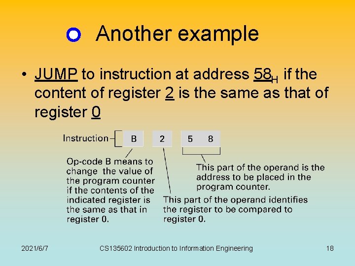 Another example • JUMP to instruction at address 58 H if the content of