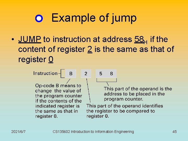 Example of jump • JUMP to instruction at address 58 H if the content