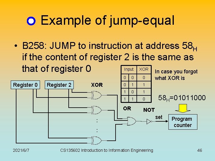 Example of jump-equal • B 258: JUMP to instruction at address 58 H if