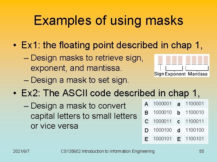 Examples of using masks • Ex 1: the floating point described in chap 1,