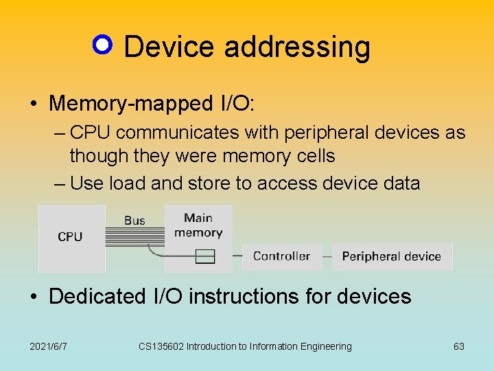 Device addressing • Memory-mapped I/O: – CPU communicates with peripheral devices as though they