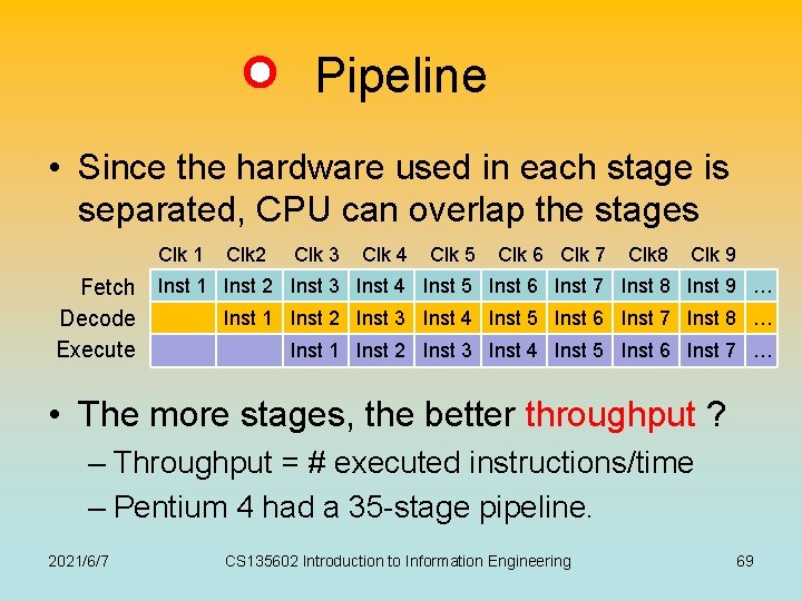 Pipeline • Since the hardware used in each stage is separated, CPU can overlap