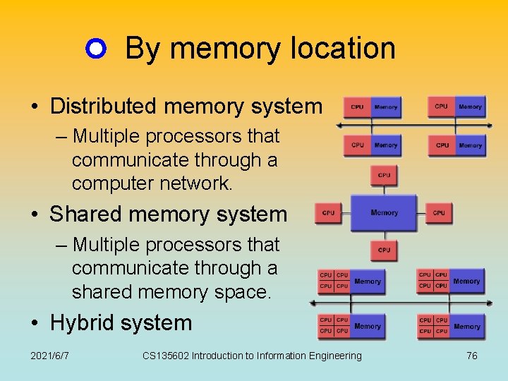 By memory location • Distributed memory system – Multiple processors that communicate through a