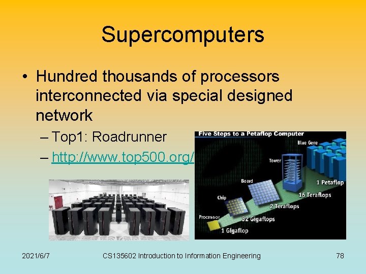 Supercomputers • Hundred thousands of processors interconnected via special designed network – Top 1: