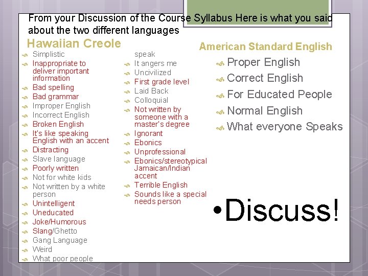 From your Discussion of the Course Syllabus Here is what you said about the