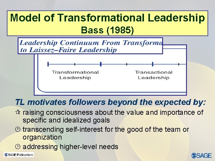 Model of Transformational Leadership Bass (1985) TL motivates followers beyond the expected by: ¶