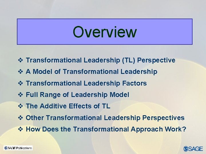 Overview v Transformational Leadership (TL) Perspective v A Model of Transformational Leadership v Transformational