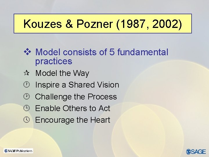 Kouzes & Pozner (1987, 2002) v Model consists of 5 fundamental practices ¶ ·