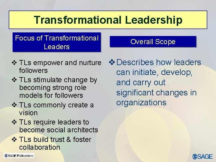 Transformational Leadership Focus of Transformational Leaders Overall Scope v TLs empower and nurture v