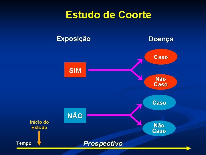 Estudo de Coorte Exposição Doença Caso SIM Não Caso Início do Estudo Tempo NÃO Estudo de Coorte Exposição Doença Caso SIM Não Caso Início do Estudo Tempo NÃO