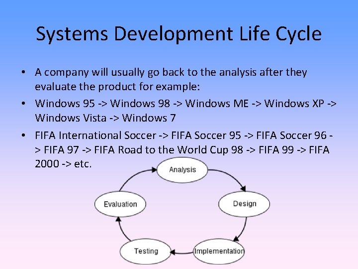 Systems Development Life Cycle • A company will usually go back to the analysis