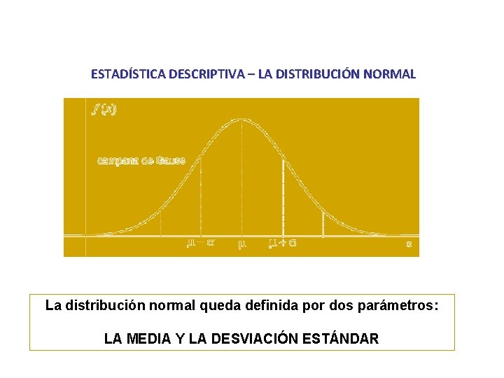 ESTADÍSTICA DESCRIPTIVA – LA DISTRIBUCIÓN NORMAL La distribución normal queda definida por dos parámetros:
