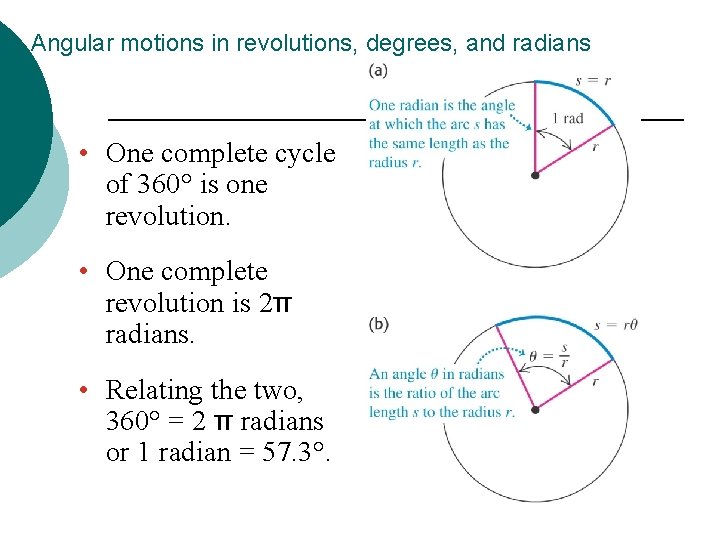 Angular motions in revolutions, degrees, and radians • One complete cycle of 360° is