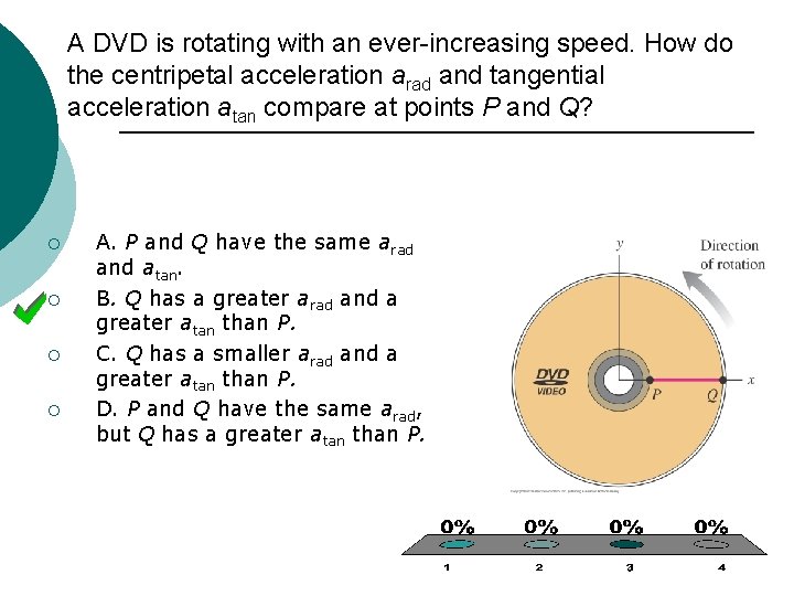 A DVD is rotating with an ever-increasing speed. How do the centripetal acceleration arad