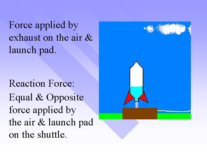 Action Force: Force applied by exhaust on the air & launch pad. Reaction Force: