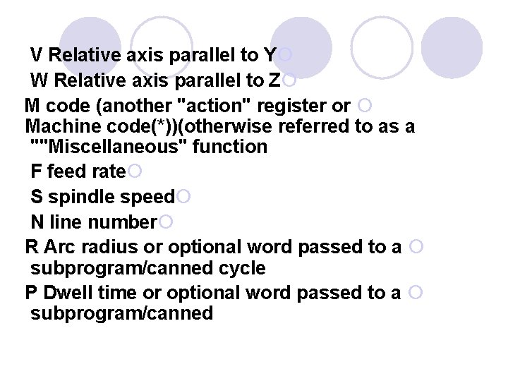 V Relative axis parallel to Y¡ W Relative axis parallel to Z¡ M code