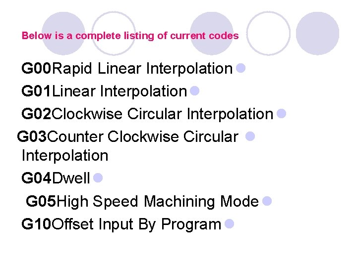 Below is a complete listing of current codes G 00 Rapid Linear Interpolation l