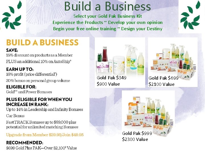 Build a Business Select your Gold Pak Business Kit Experience the Products ~ Develop