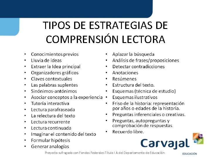 TIPOS DE ESTRATEGIAS DE COMPRENSIÓN LECTORA Proyecto sufragado con Fondos Federales Título I A