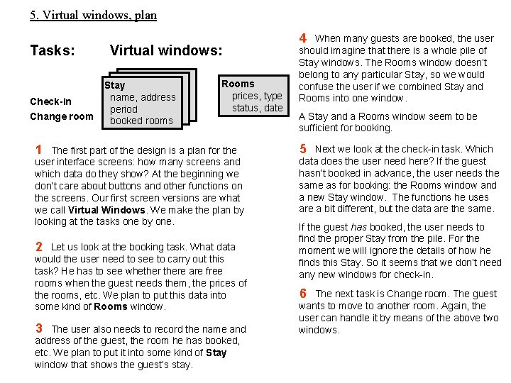 5. Virtual windows, plan Tasks: Check-in Change room Virtual windows: Stay name, address period