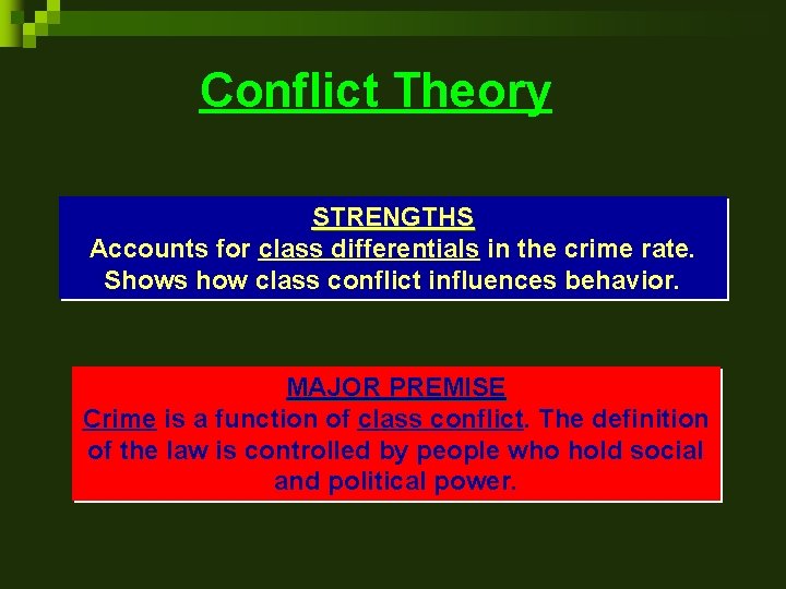 Conflict Theory STRENGTHS Accounts for class differentials in the crime rate. Shows how class