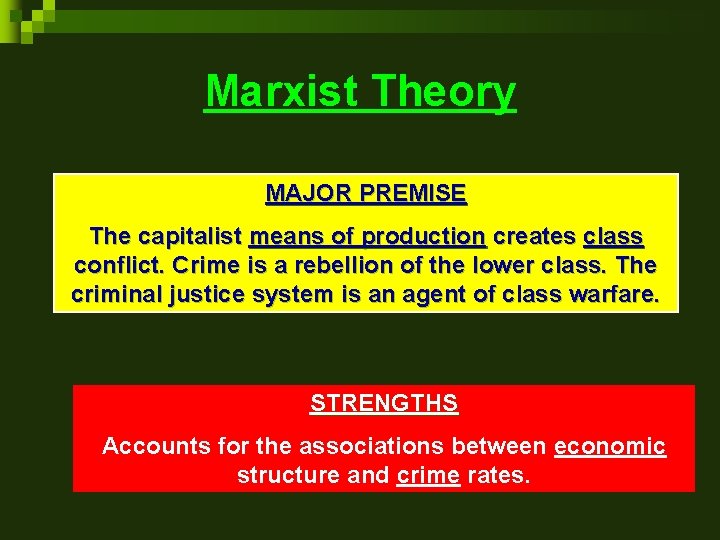 Marxist Theory MAJOR PREMISE The capitalist means of production creates class conflict. Crime is