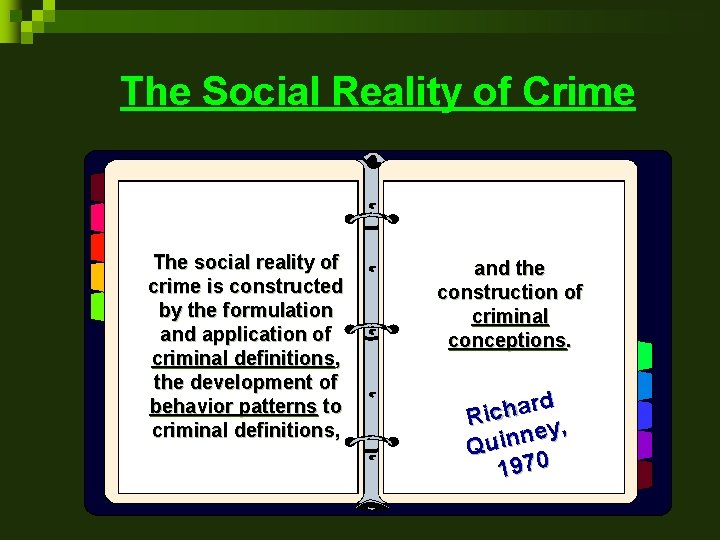 The Social Reality of Crime The social reality of crime is constructed by the