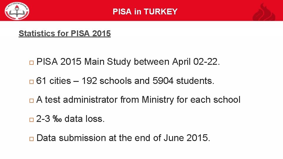 PISA in TURKEY 37 Statistics for PISA 2015 Main Study between April 02 -22.