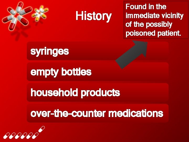 History Found in the immediate vicinity of the possibly poisoned patient. syringes empty bottles