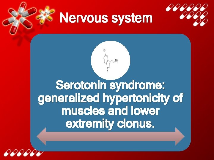 Nervous system Serotonin syndrome: generalized hypertonicity of muscles and lower extremity clonus. 