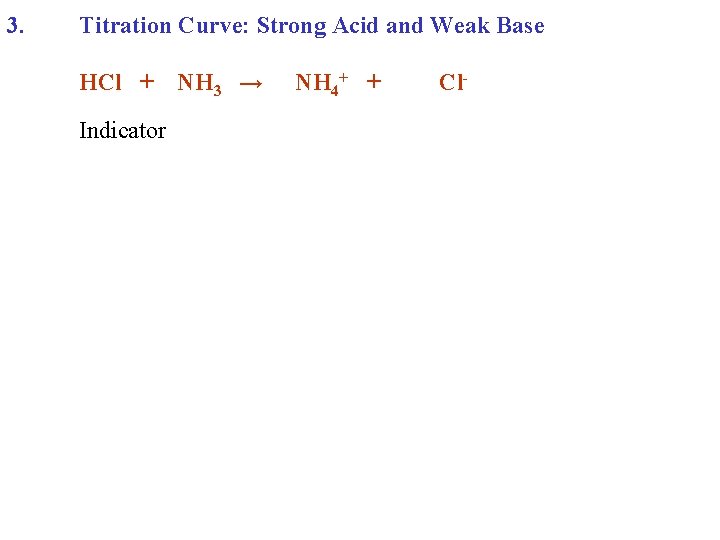 3. Titration Curve: Strong Acid and Weak Base HCl + Indicator NH 3 →