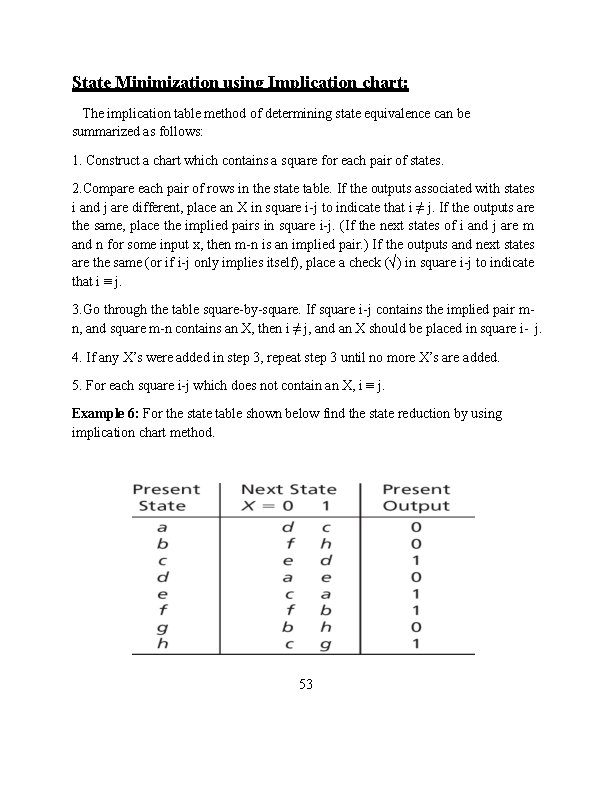 State Minimization using Implication chart: The implication table method of determining state equivalence can