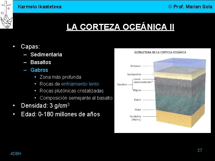 Karmelo Ikastetxea © Prof. Marian Sola LA CORTEZA OCEÁNICA II • Capas: – Sedimentaria