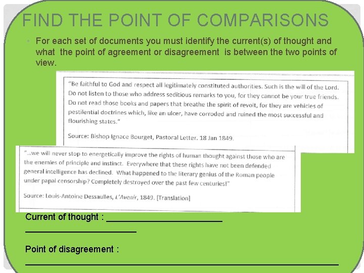 FIND THE POINT OF COMPARISONS • For each set of documents you must identify