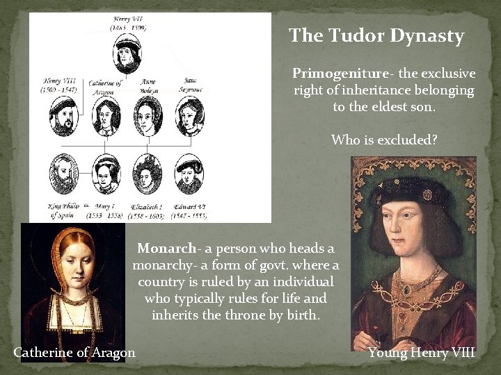The Tudor Dynasty Primogeniture- the exclusive right of inheritance belonging to the eldest son.