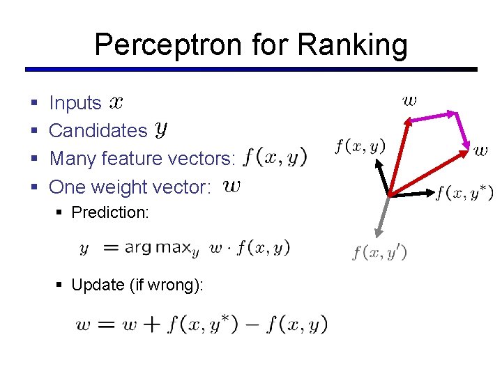 Perceptron for Ranking § § Inputs Candidates Many feature vectors: One weight vector: § Perceptron for Ranking § § Inputs Candidates Many feature vectors: One weight vector: §