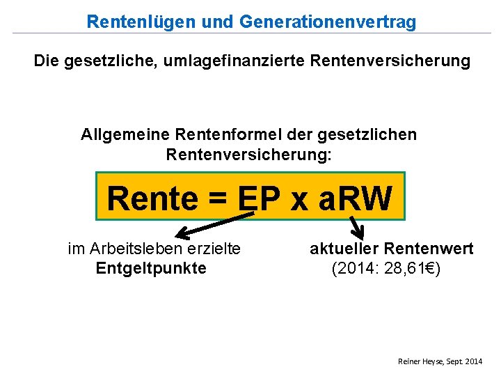 Rentenlügen und Generationenvertrag Die gesetzliche, umlagefinanzierte Rentenversicherung Allgemeine Rentenformel der gesetzlichen Rentenversicherung: Rente =