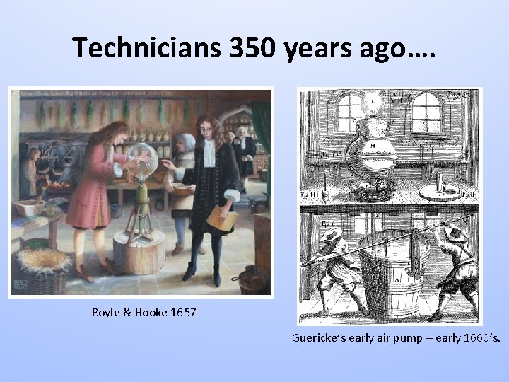 Technicians 350 years ago…. Boyle & Hooke 1657 Guericke’s early air pump – early