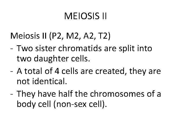 MEIOSIS II Meiosis II (P 2, M 2, A 2, T 2) - Two