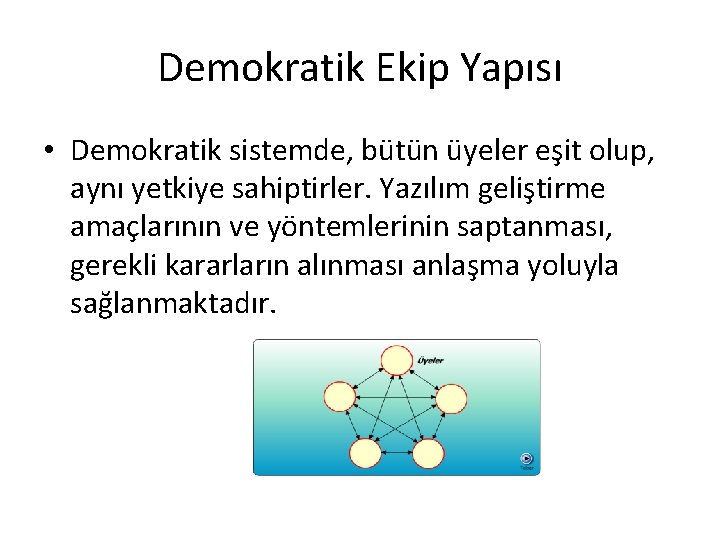 Demokratik Ekip Yapısı • Demokratik sistemde, bütün üyeler eşit olup, aynı yetkiye sahiptirler. Yazılım