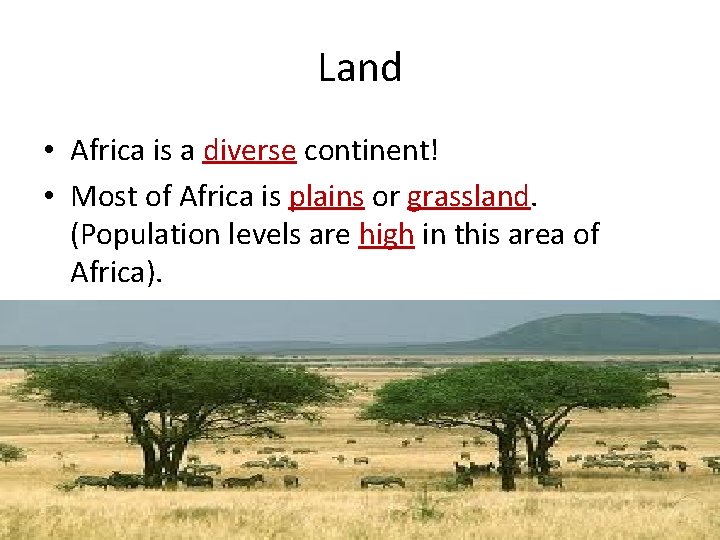 Land • Africa is a diverse continent! • Most of Africa is plains or