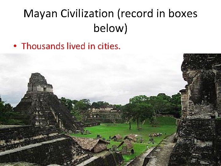 Mayan Civilization (record in boxes below) • Thousands lived in cities. 