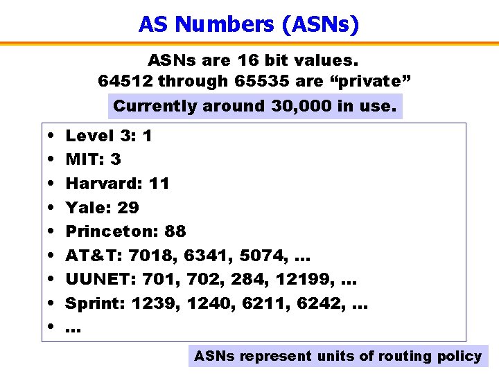 AS Numbers (ASNs) ASNs are 16 bit values. 64512 through 65535 are “private” Currently