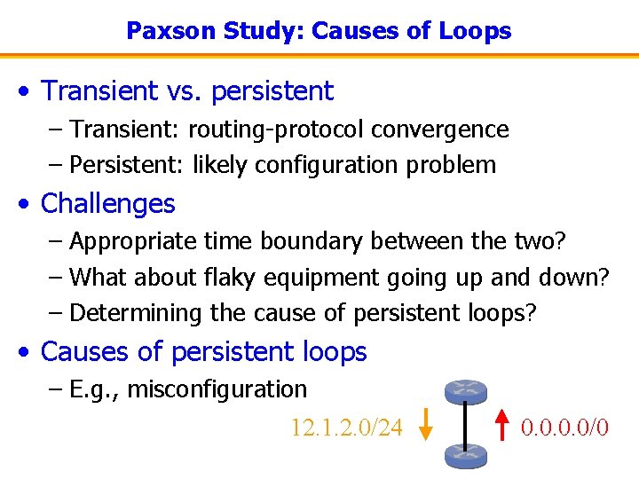 Paxson Study: Causes of Loops • Transient vs. persistent – Transient: routing-protocol convergence –